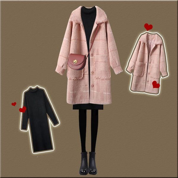 

female winter wool jacket new loose sleeve long knitted dress set of two elegant girly fashionable garment sweater y651 re8v, Black