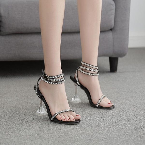 

sandals fashion rhinestone strap transparent heel high ankle open toe casual women shoes, Black
