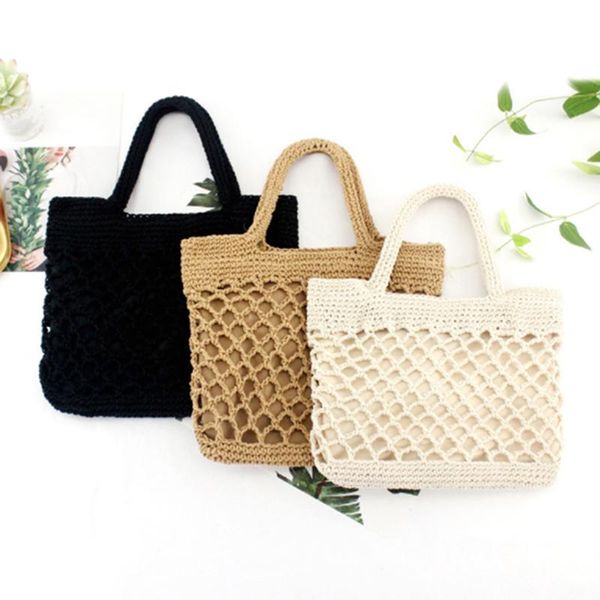 

evening bags fashion cotton rope straw handmade square zipper tote women travel beach woven handle casual net hollow handbag