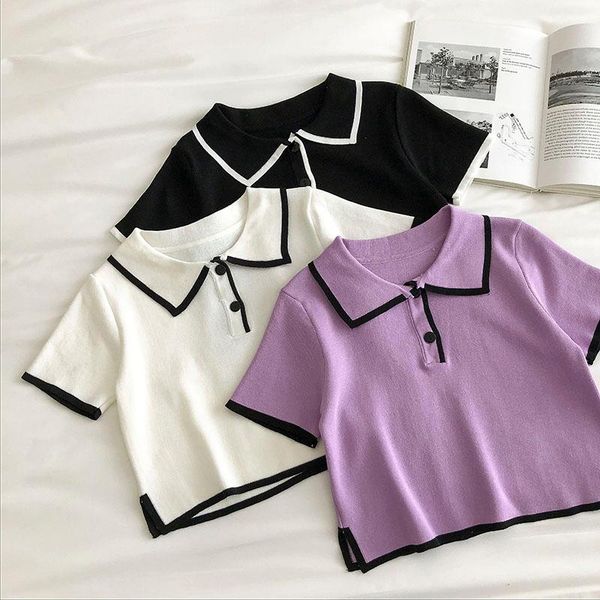 

women's polos fashion slim fit with contrast lapel short sleeve women cute, White