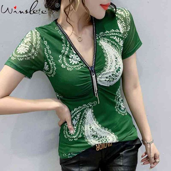 

women's t-shirt summer korean clothes mesh fashion v-neck zipper shiny diamonds women short sleeve print tees t14018a ak, White