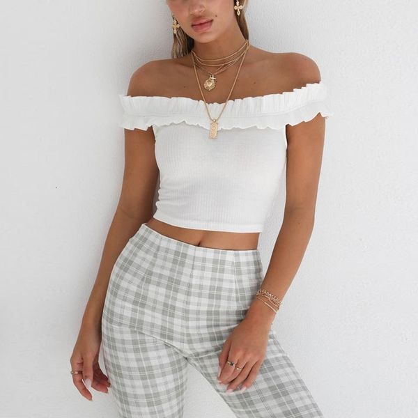 

women's tanks & camis 3 colors solid stretchy flower shirt summer sweet ruffles slash neck cropped shirts with pads women padding, White