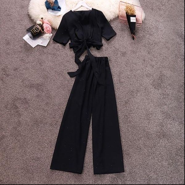 

women short style chiffon cardigans pants set v neck solid shirts wide leg pant suits for woman, Gray