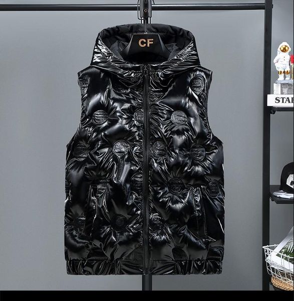 

men's vests 2021 hooded double-sided shiny vest casual waistcoat sleeveless padded jacket couples outwear size s-5xl, Black;white