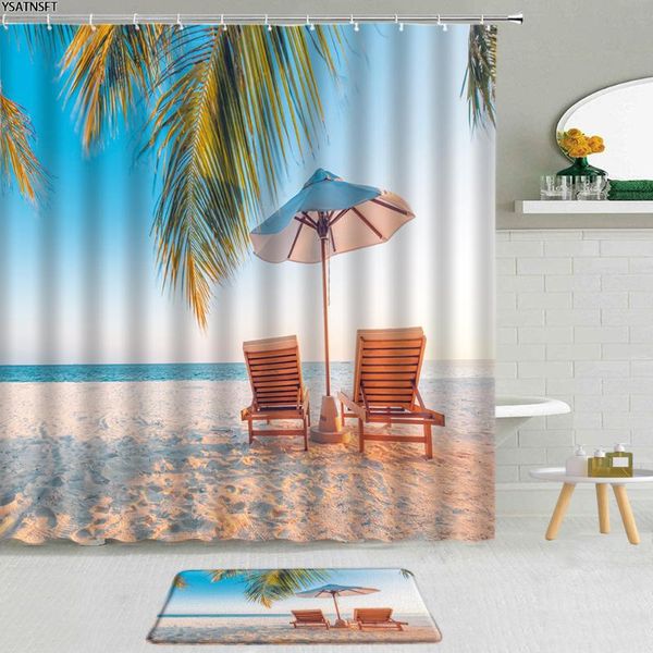 

shower curtains 2pcs beach ocean seascape curtain shell starfish trestle heart-shaped cave scenery bathroom non-slip carpet bath mat set