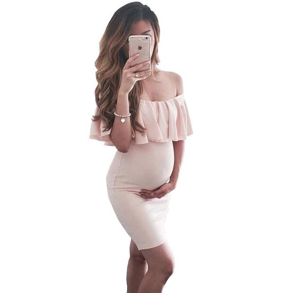 

maternity dresses european and american style pregnant women dress solid ruched for mommy shoulder-less pregnancy frocks, White