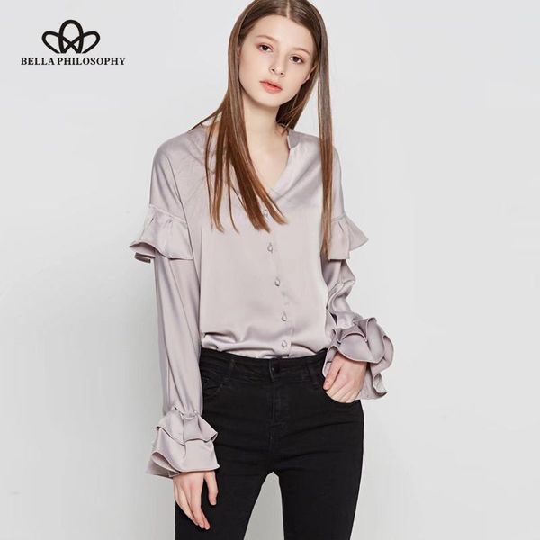 

women's blouses & shirts heydress 2021 autumnwomen sweet blouse solid fashion loose ruffle long sleeves v neck casual ladies, White
