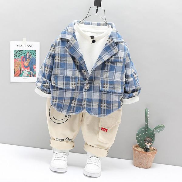 

clothing sets 3pcs children boy plaid shirt outfits suits + coat pants 2021 spring boys kids clothes set 1 2 3 4 years, White