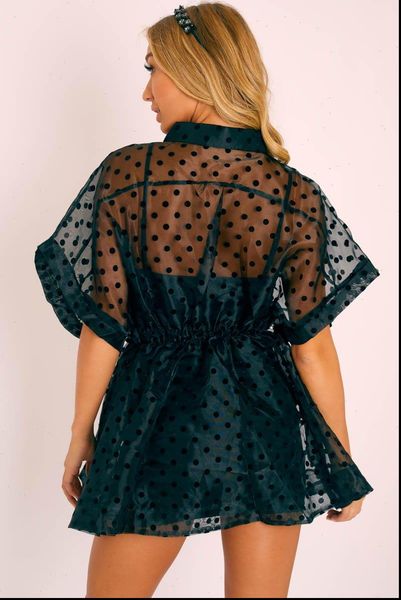 

womens blouses black white blouse long polka dot see through transparent loose elastic waist women fashion lady shirts