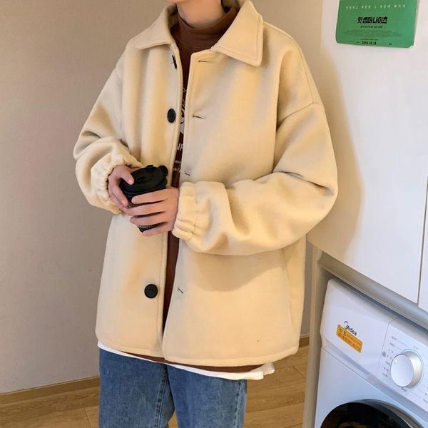 

men's wool & blends korean lapel woolen jacket loose short coat 2021 autumn winter thickening fashion casual clothes for male, Black