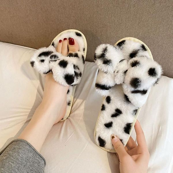 

slippers 2021 women's slip-on furry flat home leopard bow open toe keep warm shoes hairy ladies cotton drag, Black