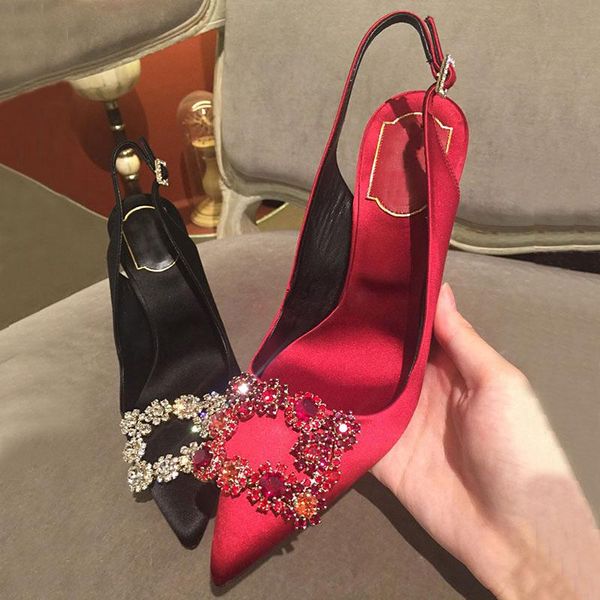 

sandals crystal buckle women pointed toe silk summer high heels shoes woman rhinestone flower party sandalias mujer back strap, Black