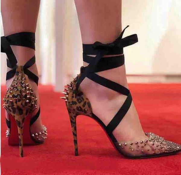 

woman red bottom shoes barbarissima spike ankle strap sandal ankle strap sandal red-soles pumps high heels gold rivets pointed toe, Black