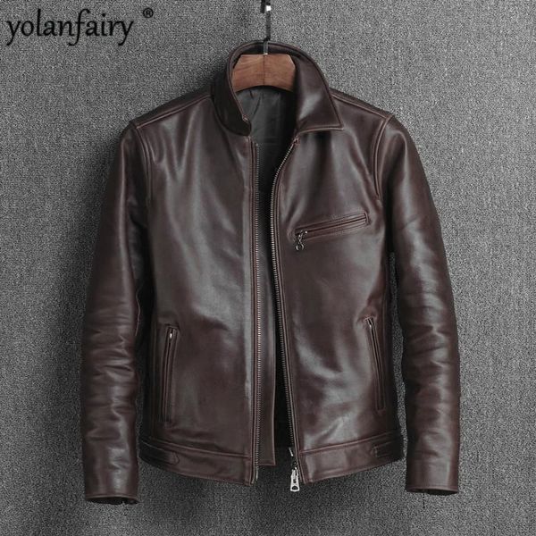 

men's leather & faux 2021 genuine jacket men cowhide spring autumn vintage motorcycle cow coat clothes 17m-46 kj4902, Black