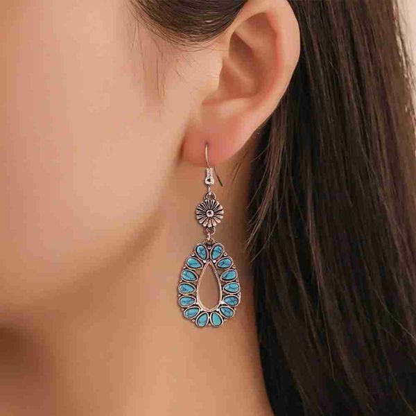 

bohemian plant leaf flower drop dangle earrings for women ethnic antique silver color turquoises stone earring vintage jewelry