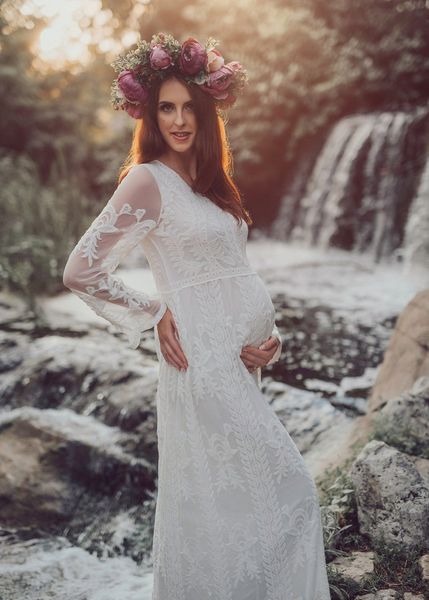 Umstandsfotografie Spitzenkleid Schwangere Frauen Freizeitkleid Schwangerschaft Fotoshooting Häkelspitze Langes Kleid Weiß Beige
