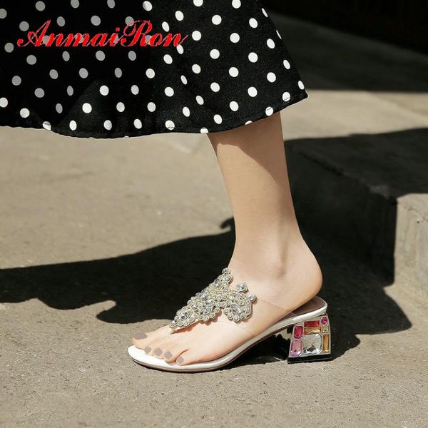 

slippers anmairon 2021 outside summer solid pu women square heel flip flops crystal fashion woman shoes size 34-43, Black