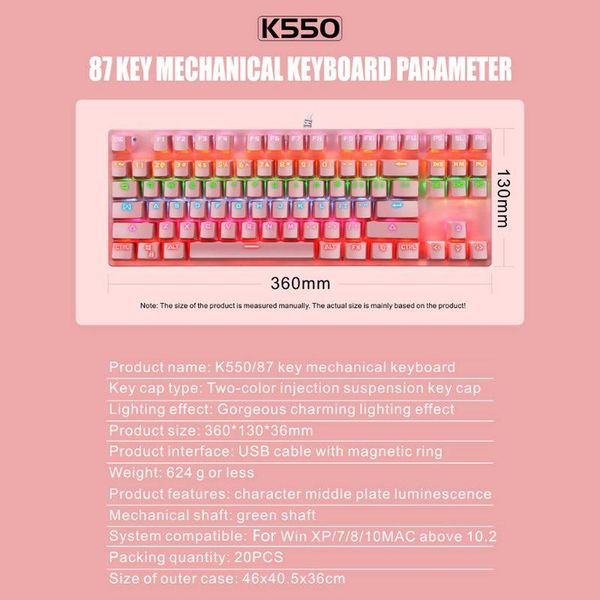 

keyboards k550 green shaft mechanical keypad 87 keys gaming keyboard with colorful light effect for windows xp/7/8/10 systems qxnf