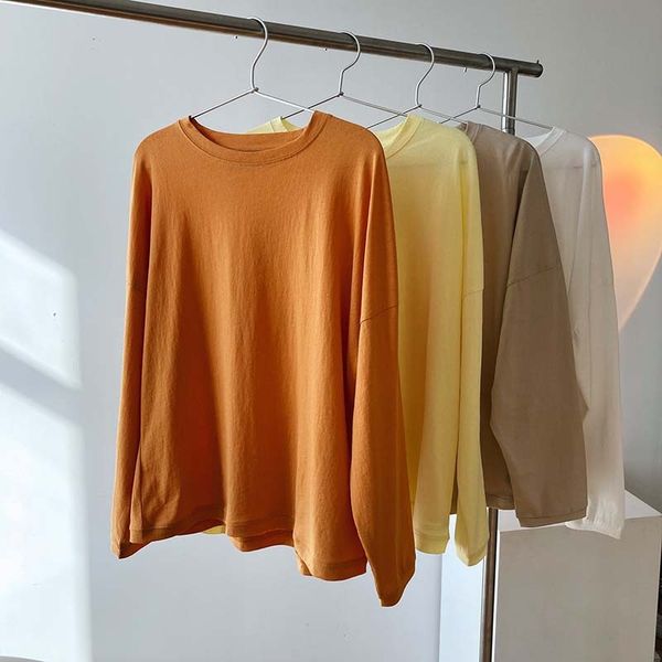 

2021 spring casual women orange shirt solid new korean lazy loose bf thin sunscreen long sleeve t-shirt 2451, White