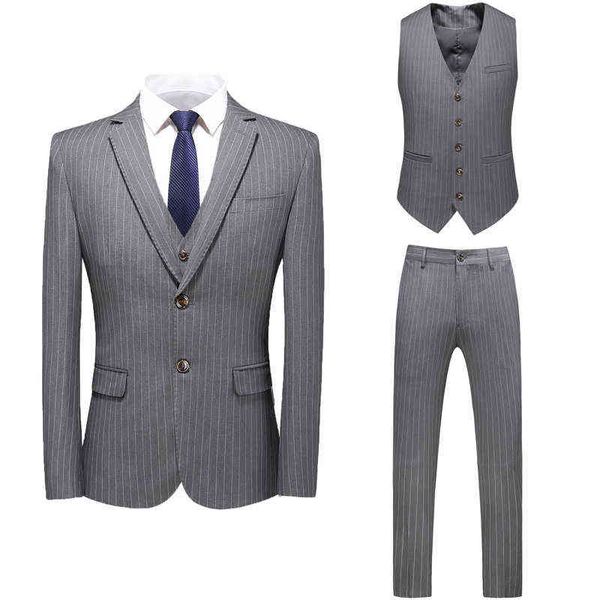 Abito da uomo in 3 pezzi Abito a righe stile inglese Set da lavoro da lavoro Abbigliamento formale Abito da sposa da uomo Abito slim fit Grigio Nero X0909