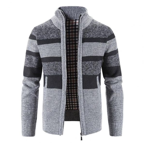 

men's sweaters zipper closure long sleeve sweater coat autumn winter patchwork pockets stand collar knitwear, White;black