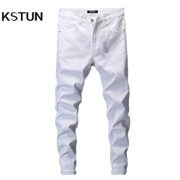 Скинни джинсы мужчины сплошные белые мужские джинсы бренд стрейд повседневные мужчины Fashioins джинсовые брюки случайные йон мальчик студентов брюки размер 42 210317