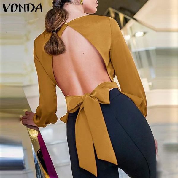 

2020 vonda summer women backless blouse club vintage causal bowknot blouse spring ladies shirt s-5xl blusas1, White