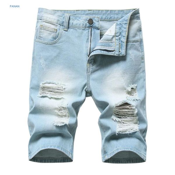

men's jeans shorts with holes in summer, Blue