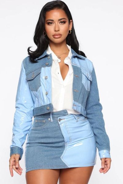 

two piece dress adogirl color patchwork jeans set long sleeve short jacket bodycon mini skirt, White