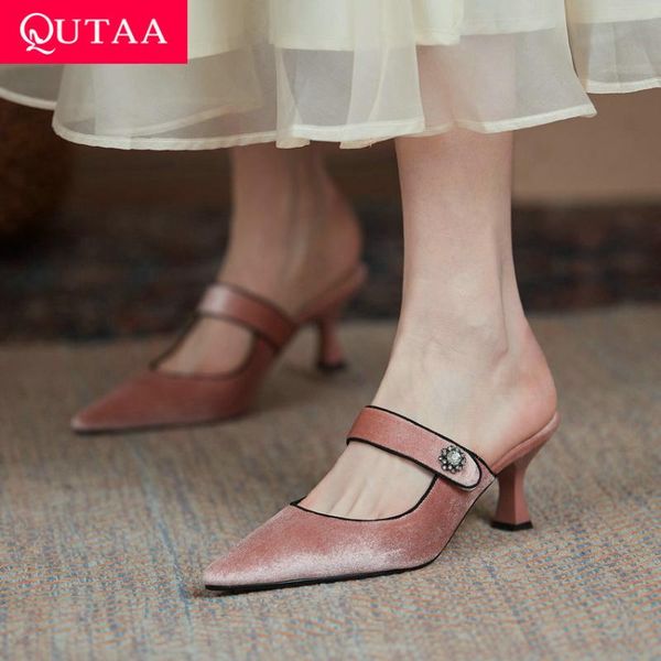 

qutaa 2021 velvet hoof high heel female slides fashion pointed toe slingback sandals hook&loop elegant women shoes big size34-43, Black