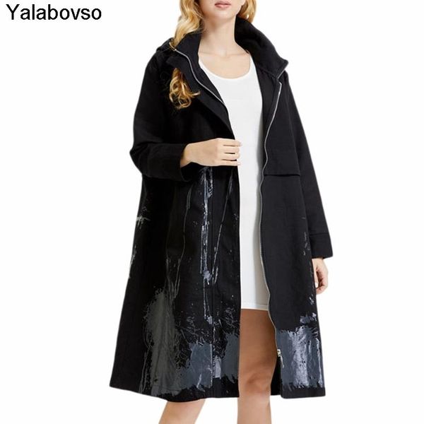 

women's trench coats 2021 autumn winter black color loose coat oversized print contrast medium length female zipper with hat, Tan;black