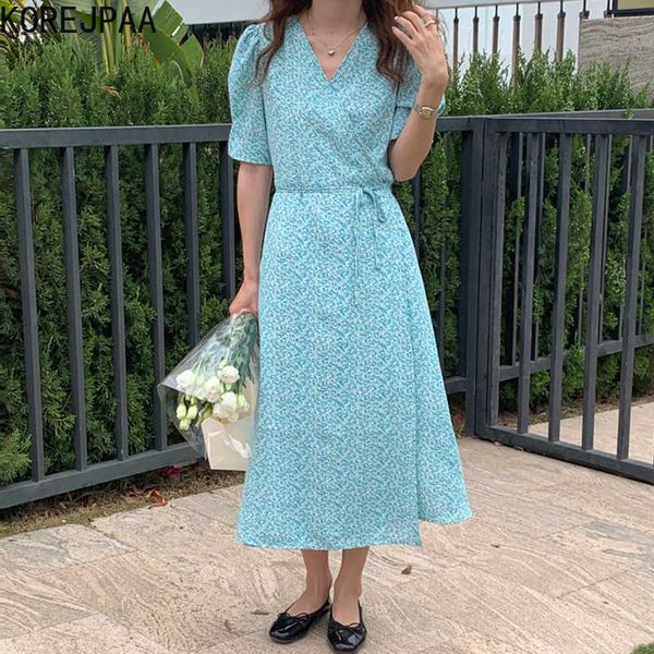 

korejpaa women dress summer korean chic ladies french elegant v-neck full-screen floral lace-up slimming vestidos 210526, Black;gray