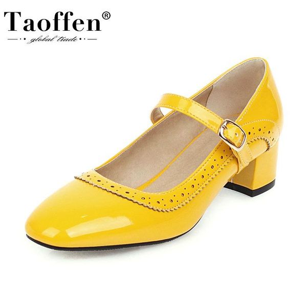 

dress shoes taoffen size 34-48 office ladies pumps square toe spring patent leather party wedding footwear, Black