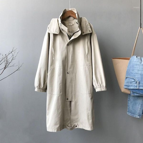 

women's trench coats autumn women korean long hooded windbreaker harajuku sleeve overcoat vintage single breasted casual coat, Tan;black