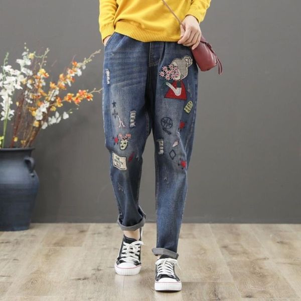 

women's jeans mom high waist vintage clothes for women embroidery elastic denim pants casual ankle length harem trousers, Blue