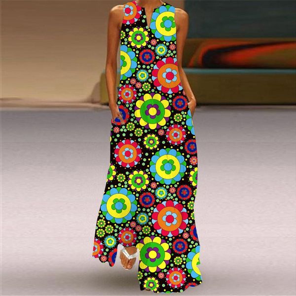 

40 floral print party with womens dresses summer v neck sleeveless cami maxi boho loose pocket robe femme vestidos, Black;gray