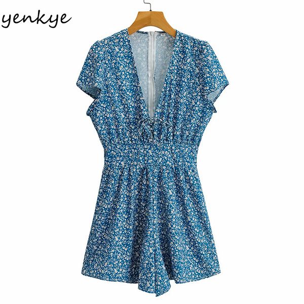 

2021 new vintage floral print women v neck sleeve holiday beach jumpsuit summer short romper mono mujer lh31, Black;gray