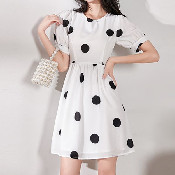 

2021 fashion white polka dot print short a-line cocktail dress women chiffon elegant mini party dress vestido, Black
