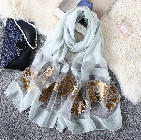 

scarves 2021 spring jacquard embroidery silk scarf women wraps shawls and 180*70cm hijabs sunscreen beach cover up, Blue;gray