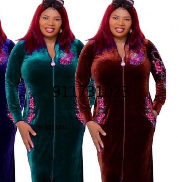 

ethnic clothing style african women's dashiki fashion velvet fabrics stretch loose zip-up cardigan long dress size l xl xxl, Red