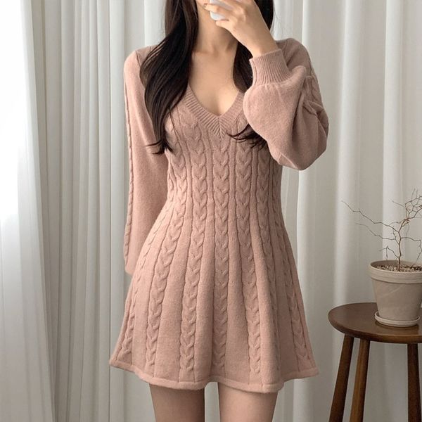 

autumn and winter 2021 korean version chic lantern long sleeve backing waist closing v-neck temperament twist knitted s women, Black;gray