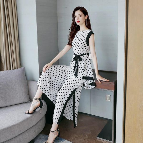 

fashion formal suits women casual office business set dot print sleeveless hem and wide leg pant suits, Gray
