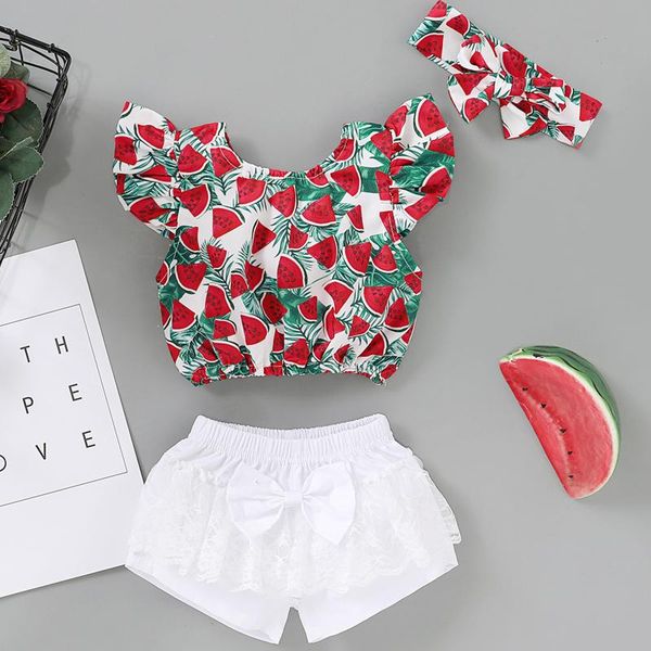 

clothing sets watermelon printing girl baby clothes born infant ruffle fruit t shirt bowknot shorts outfits toddler, White