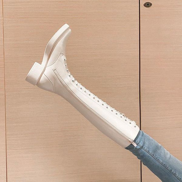 

boots 2021 thicken winter knight women knee high long square heel retro thick motorcycle black white botas mujer