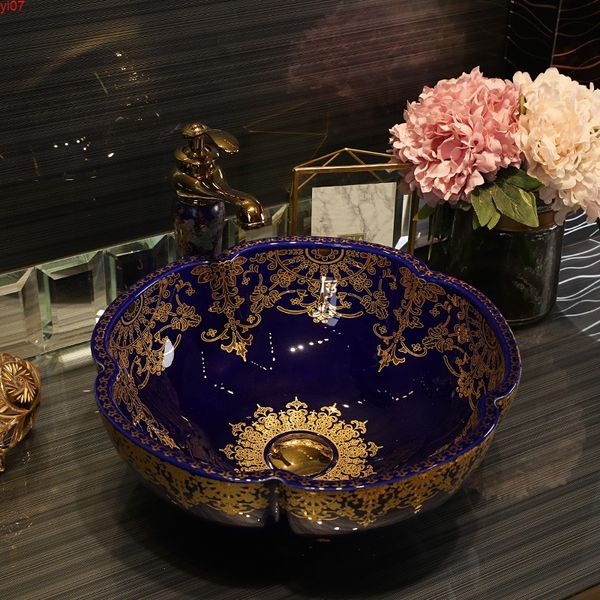 Luxuoso Azul com padrão de ouro vidros de porcelana de porcelana bancada pia casa de banho lavabo lavabo washbasin pintado à mão afunde