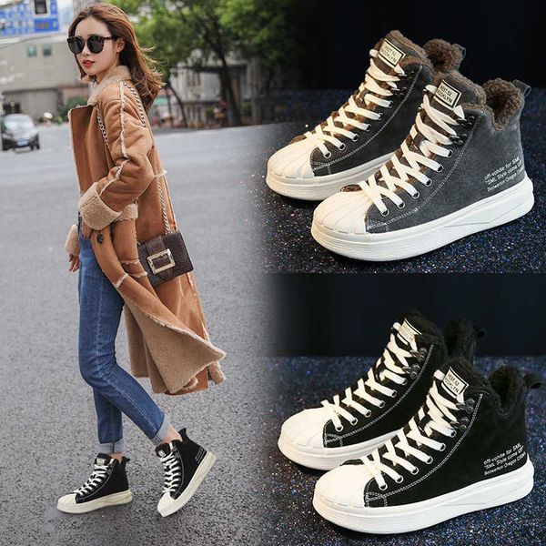 

2021 autumn leather cotton shoes women's psh sports casual korean version shell head student board trend, Black