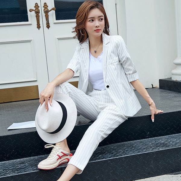 

female striped small casual cork suit nine lean pants from two pieces british style professional temperament wear ds3o, White;black