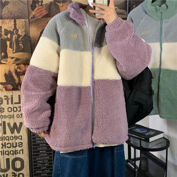 

men's jackets winter 2021 korean style loose splicing letter cashmere thickened casual standing collar cotton jacket size m-2xl, Black;brown