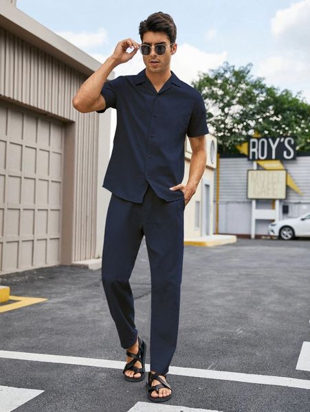 

men button front lapel collar shirt with pants g1uk#, Gray
