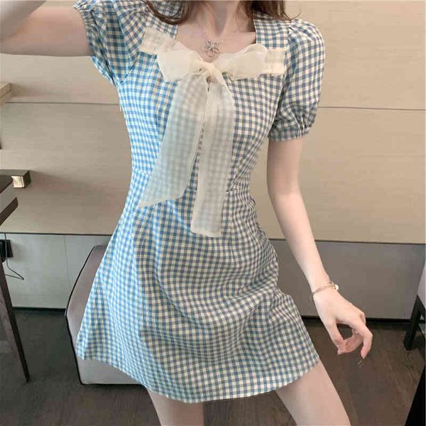 

casual dresses sweet bowknot pull sleeve plaid summer 2021 women korean fashion elegant mini es vestidos robe femme 68yj, Black;gray